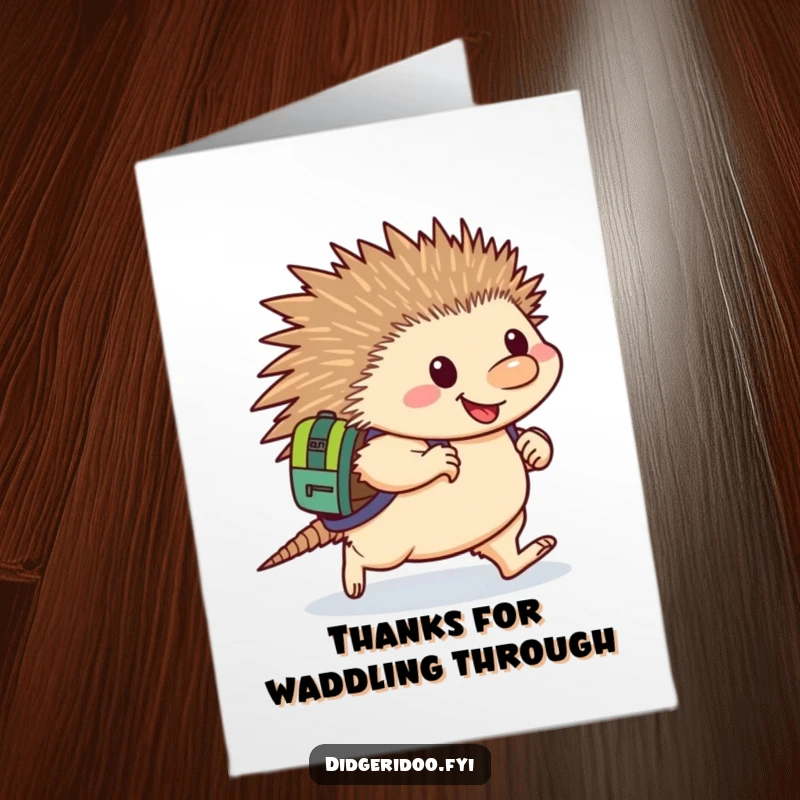 Funny Free Printable Thank You Card featuring a happy echidna with a backpack, waddling. Expressing gratitude on a journey. Downloadable art.