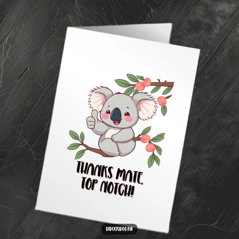 Funny Free Printable Thank You Card featuring a jovial koala giving a thumbs up from a eucalyptus branch, expressing gratitude happily.