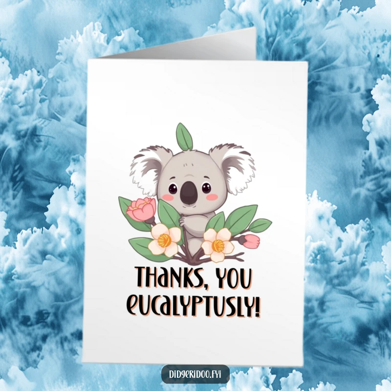Funny Free Printable Thank You Card: A curious koala peeks from behind a stylized eucalyptus bloom, offering thanks.