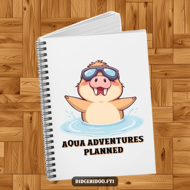 Funny Notebook featuring a delighted platypus wearing goggles, enthusiastically swimming in a puddle.