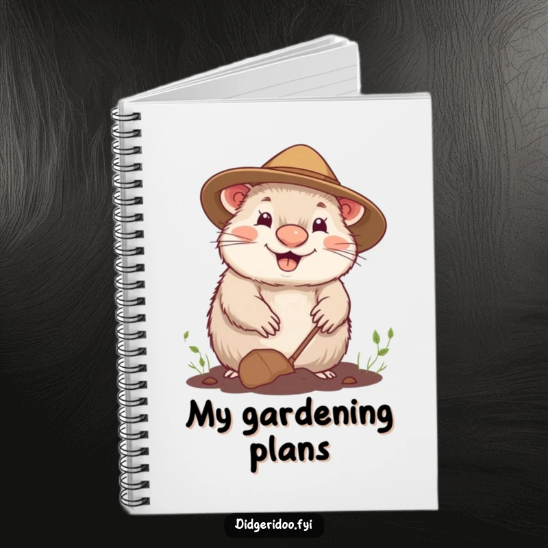 Funny notebook cover with a cheerful wombat wearing a gardening hat, happily digging, perfect for happy notes.