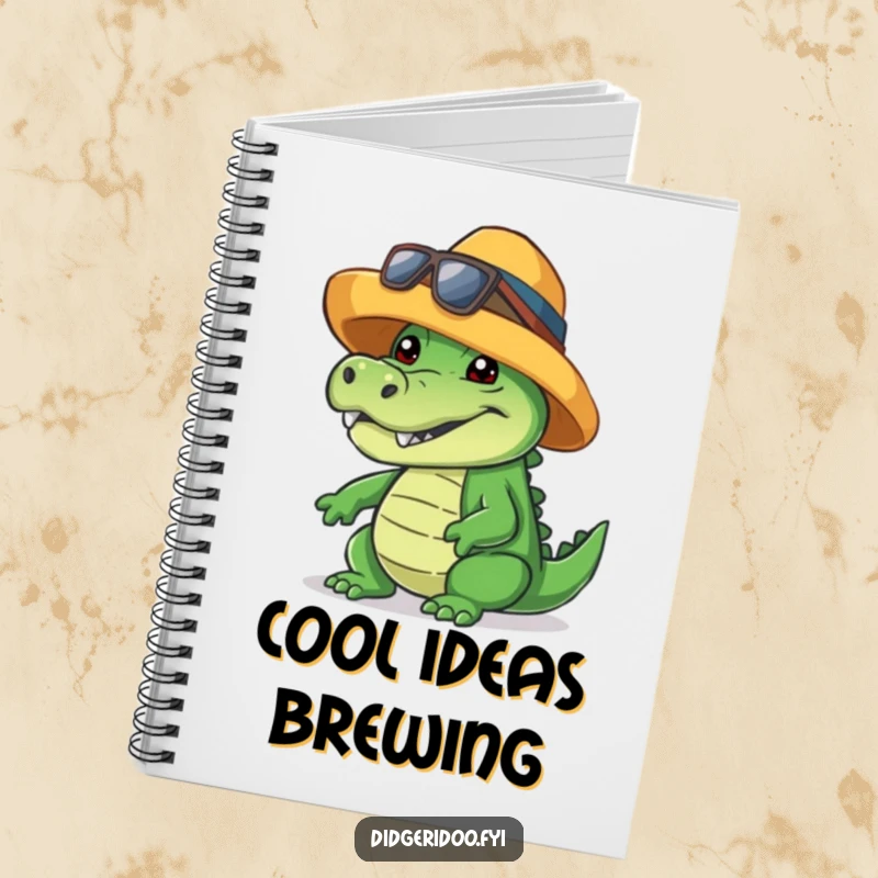 Funny crocodile notebook, wearing a cool hat, giving a friendly toothy grin, ideal for jotting down cool notes.