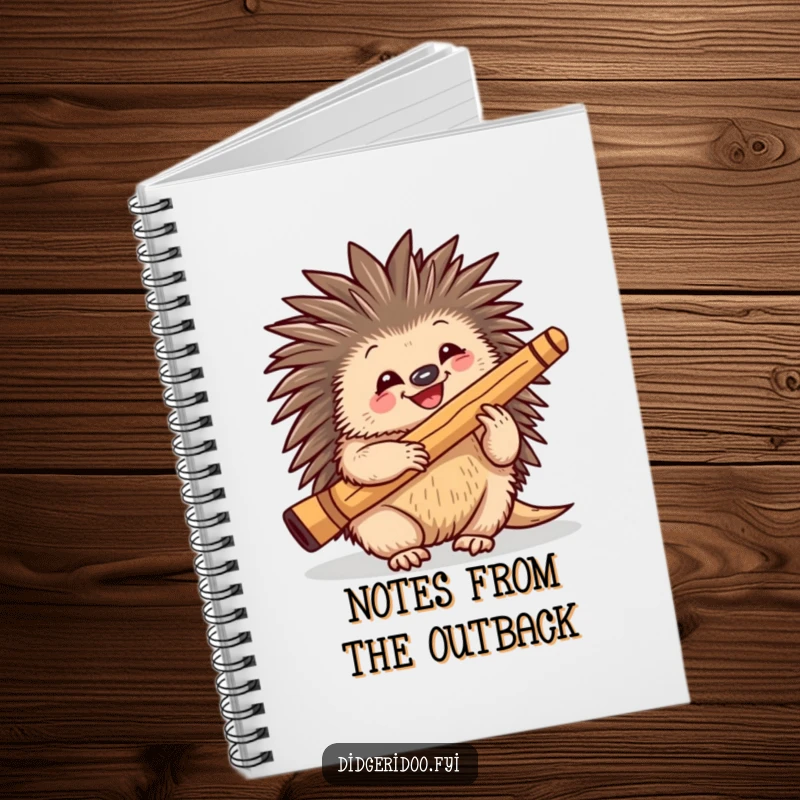Funny playful echidna character happily playing a didgeridoo, on a notebook cover for musical note-taking.