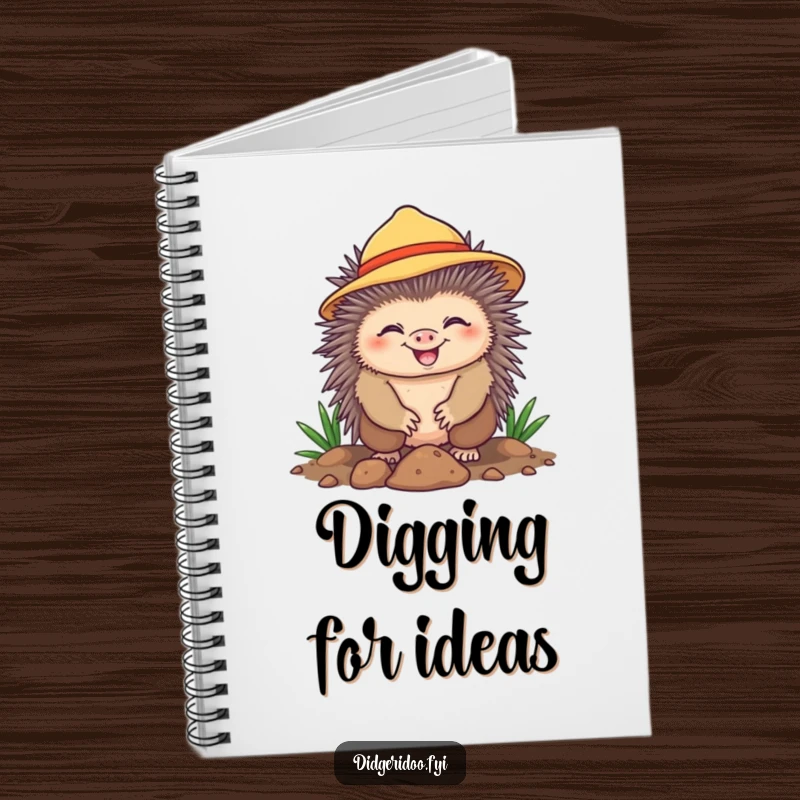 Funny Notebook featuring a cheerful echidna in a sun hat, happily digging with a grin. Ideal for jotting down garden plans or ideas.