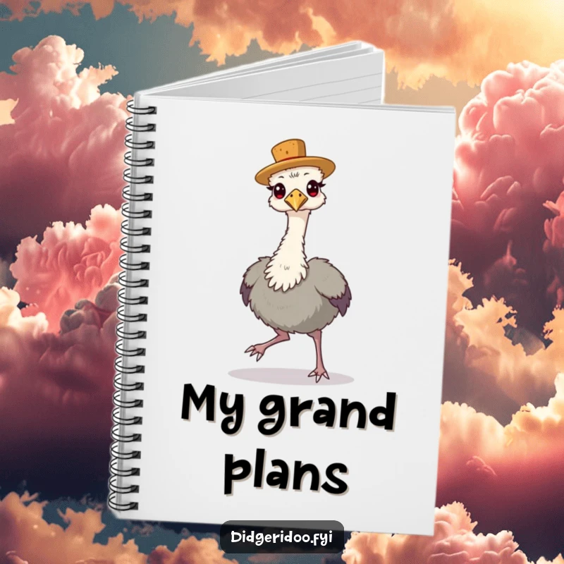 Funny Notebook featuring a proud emu wearing a tiny cork hat, strutting confidently.