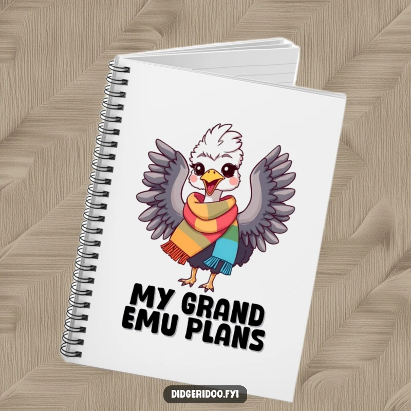Funny Emu Notebook: Lined journal featuring a delighted emu in a scarf, flapping wings. Ideal for notes and funny gifts.