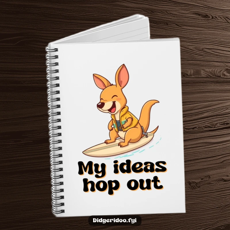 Funny laughing kangaroo wearing a surf vest riding a surfboard, a humorous notebook for notes and ideas.