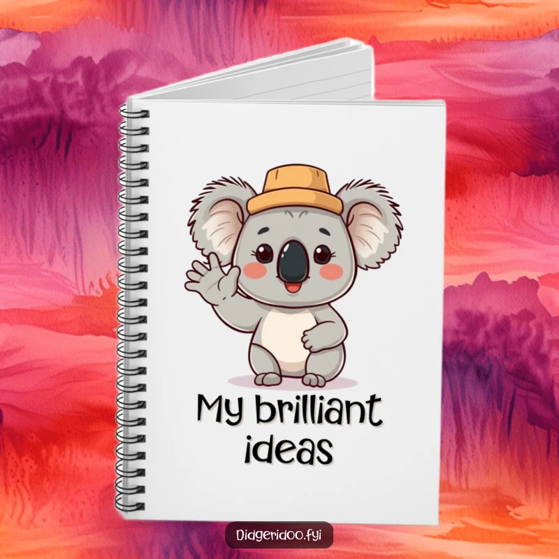 Funny Koala Notebook: a proud koala wearing a cork hat waves cheerfully, perfect for jotting down notes with a dose of humor.