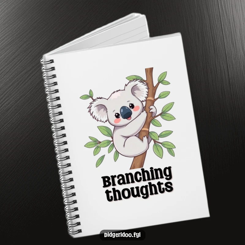 Funny Koala Notebook featuring a content koala on a eucalyptus branch, perfect for serene note-taking.