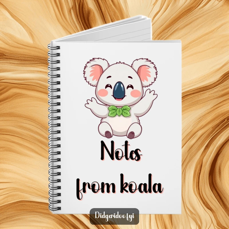 Funny happy koala wearing a eucalyptus leaf bow tie, doing a cheerful wave, a charming and humorous notebook for jotting down ideas.