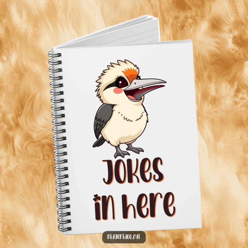 Funny startled but smiling kookaburra, letting out a joyful laugh, a charming and humorous notebook for jotting down ideas.
