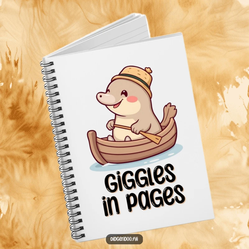 Funny giggling platypus wearing a tiny cork hat, paddling a miniature boat, a charming and humorous notebook for jotting down ideas.