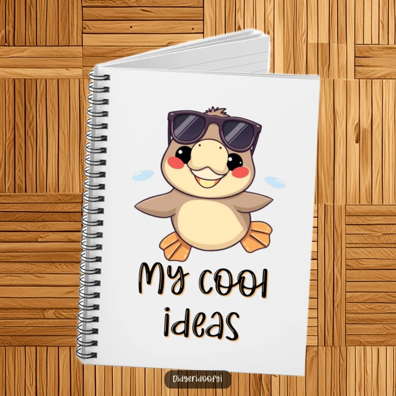 Funny platypus with sunglasses grinning, swimming with flippers out on a notebook, encouraging cool thoughts and humorous writing.
