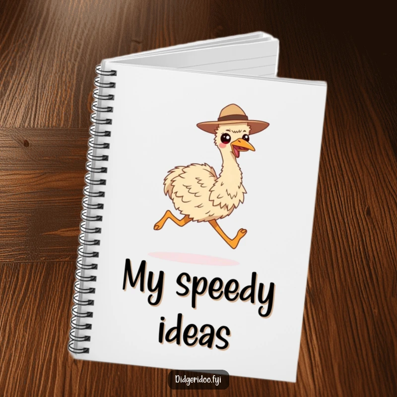 Funny notebook cover with a smiling emu wearing a hat, running with long strides, perfect for energetic notes.