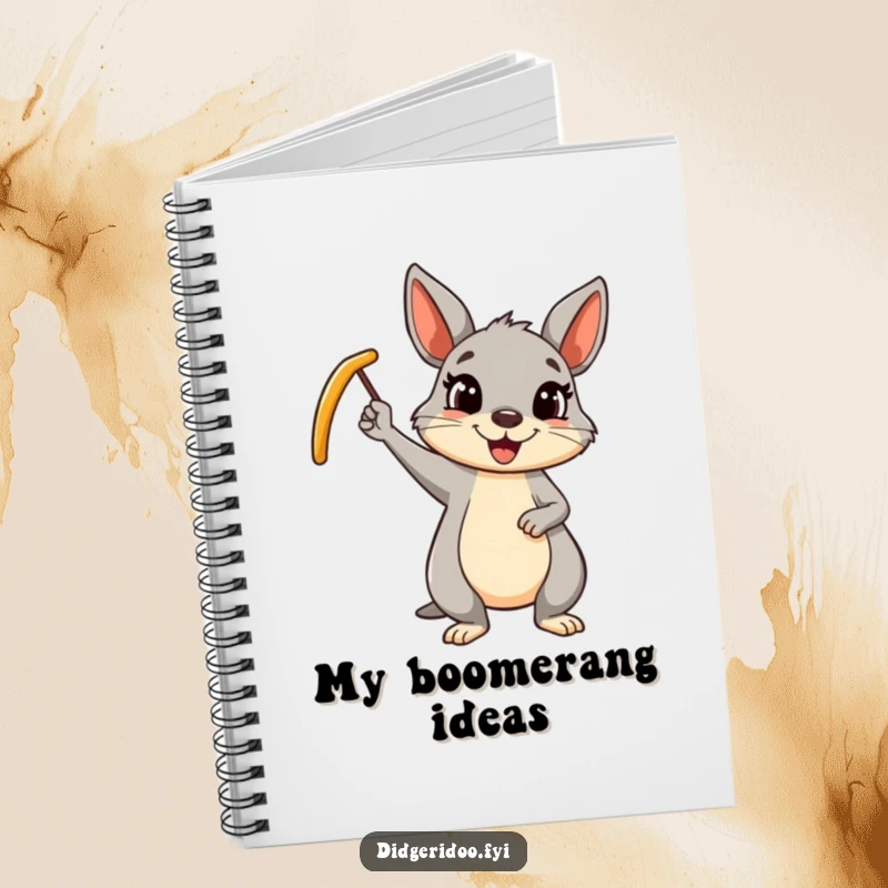 Funny wallaby boomerang notebook with a cheerful cartoon wallaby waving a boomerang, perfect for jotting notes with humor.