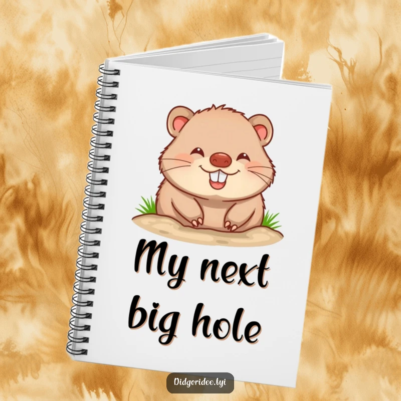 Funny wombat notebook design featuring a cheerful wombat with a big, happy grin, ready to inspire your notes and creative ideas.