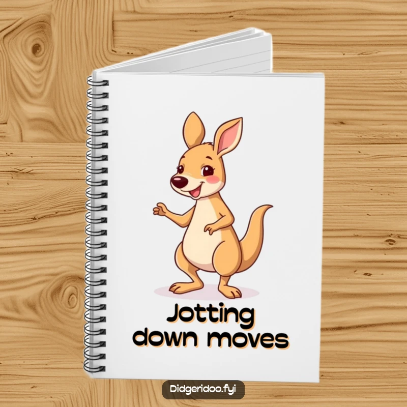 Funny smiling kangaroo character performing a silly little jig, on a notebook cover for energetic note-taking.