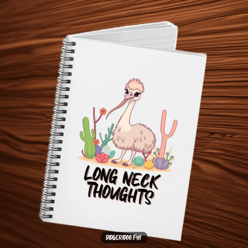 Funny Emu Notebook featuring a curious emu with a long neck weaving through desert flora, ready for your notes.