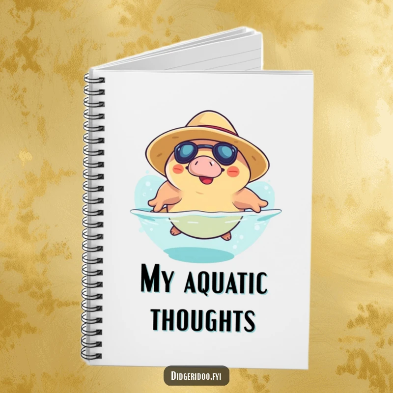 Funny Platypus Notebook: a smiling platypus in a sun hat takes a playful dive, ideal for jotting down notes with aquatic humor.