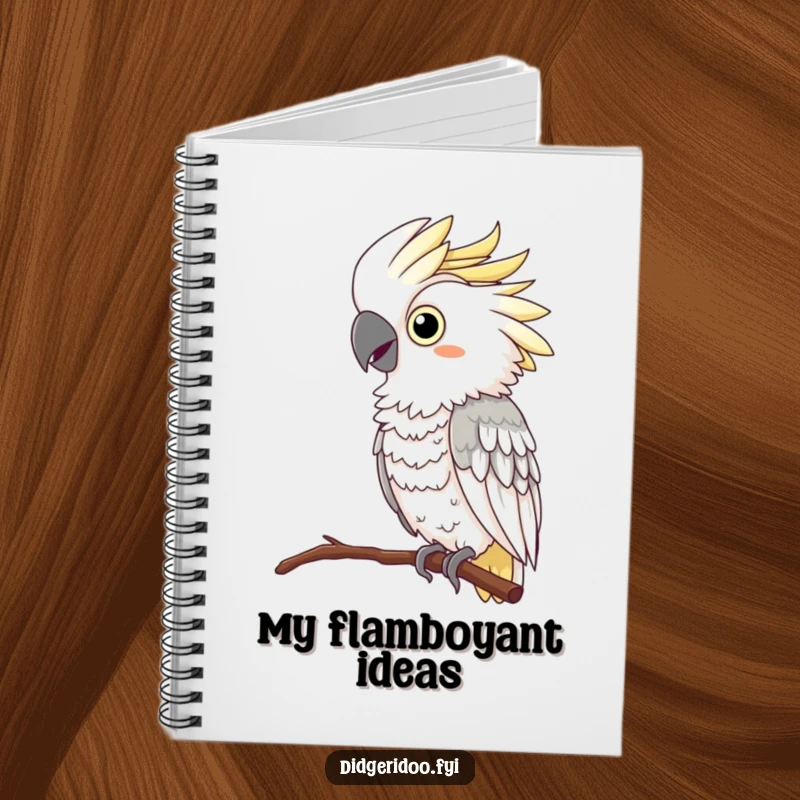 Funny Cockatoo Notebook: A curious cockatoo wearing a feather boa perches and squawks, inspiring humorous notes and creative ideas.