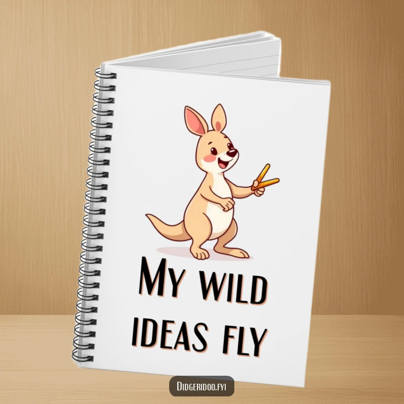 Funny kangaroo notebook with a happy character kicking a miniature boomerang, perfect for notes and doodles with a dose of Aussie humor.