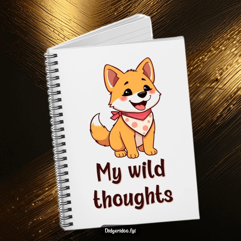 Funny notebook with a delighted dingo wearing a bandana and wagging its tail, perfect for jotting down notes with joy.