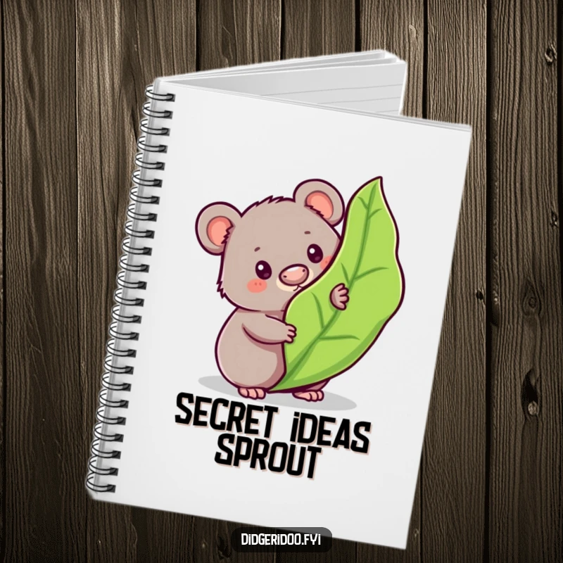 Funny wombat notebook with a curious character peeking from behind a bouncy gum leaf, perfect for notes with Aussie charm.