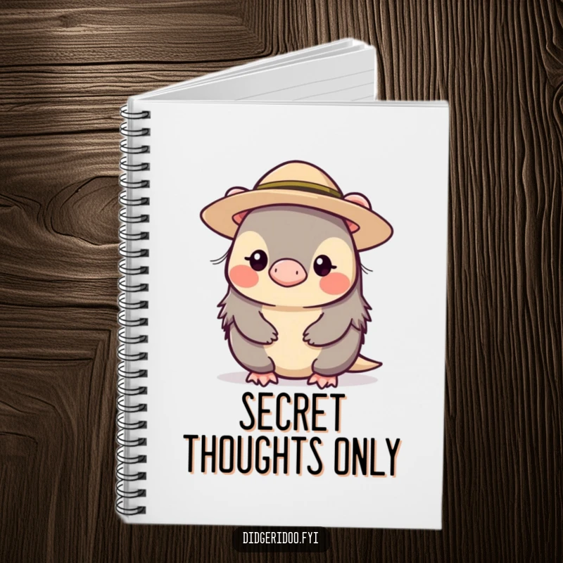 Funny, shy platypus character wearing a small, wide-brimmed hat, featured on the cover of a notebook for writing and sketching.
