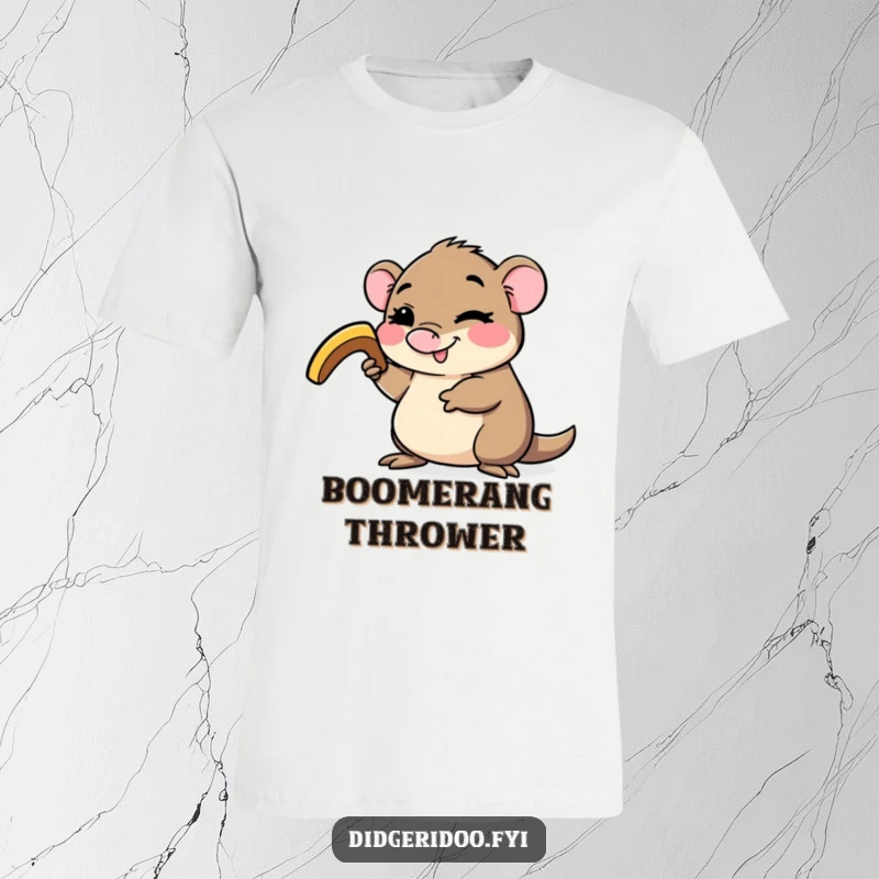 Funny platypus character t-shirt, winking and holding a small boomerang, showcasing quirky Aussie charm and playful, adventurous vibes.