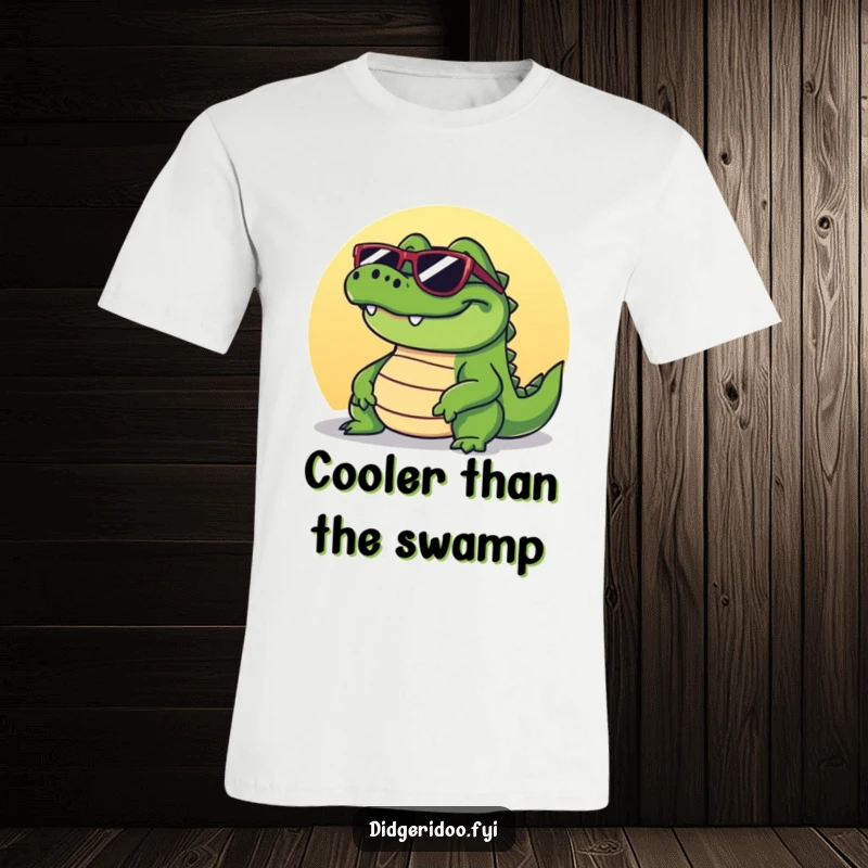 Funny crocodile t-shirt design featuring a grinning reptile wearing stylish sunglasses, basking in the sun with a cool attitude.