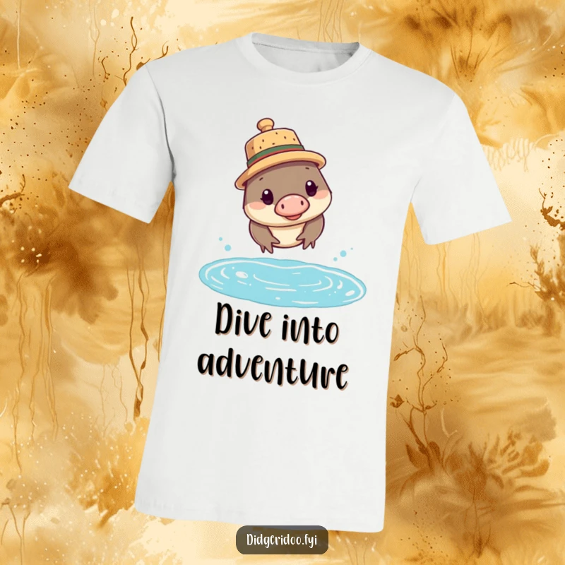 Funny platypus t-shirt showcasing a curious platypus wearing a small cork hat, about to dive into water.