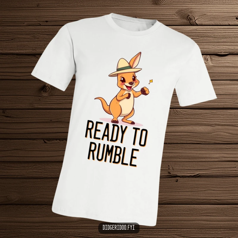 Funny t-shirt showing a delighted kangaroo in an Akubra hat, playfully boxing, a spirited and humorous character graphic.