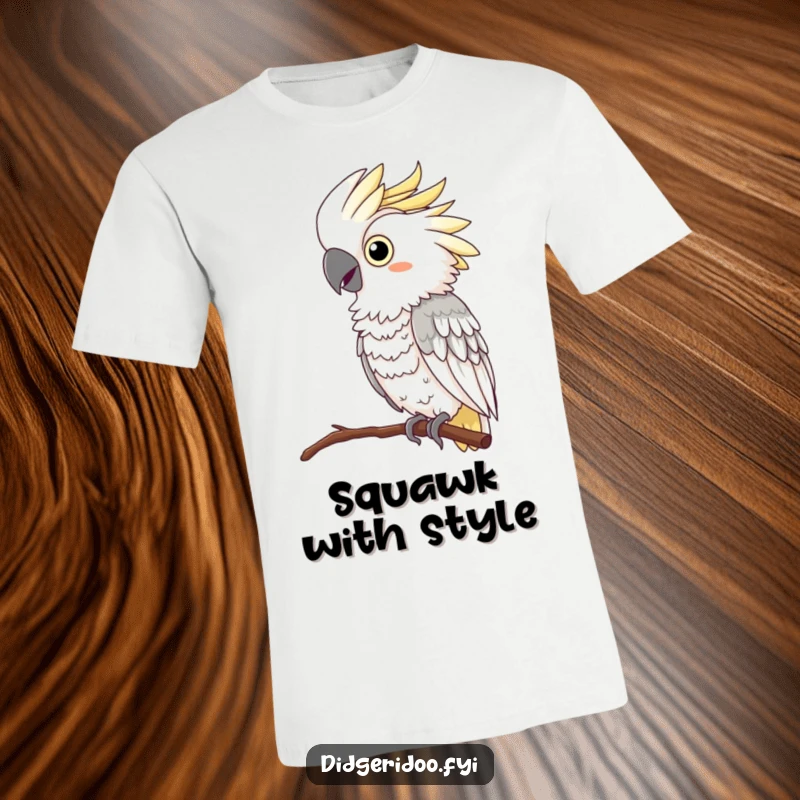 Funny Cockatoo T-Shirt: A curious cockatoo wearing an extravagant feather boa perches elegantly while issuing a loud, humorous squawk.