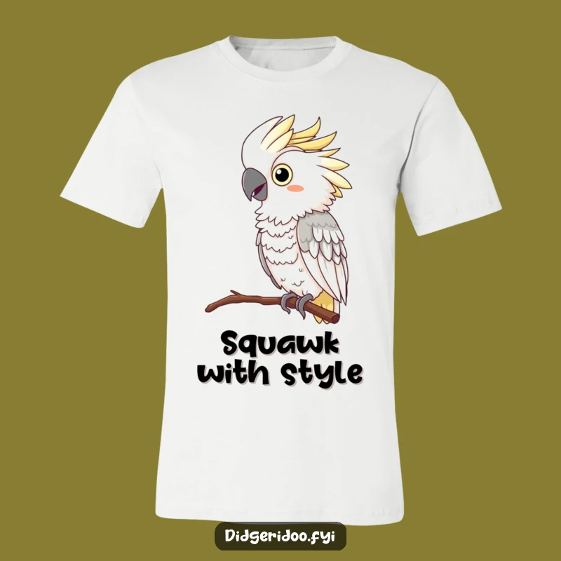 Funny Cockatoo Squawking T-Shirt: Curious cockatoo with feather boa squawking, a bold and funny gift.