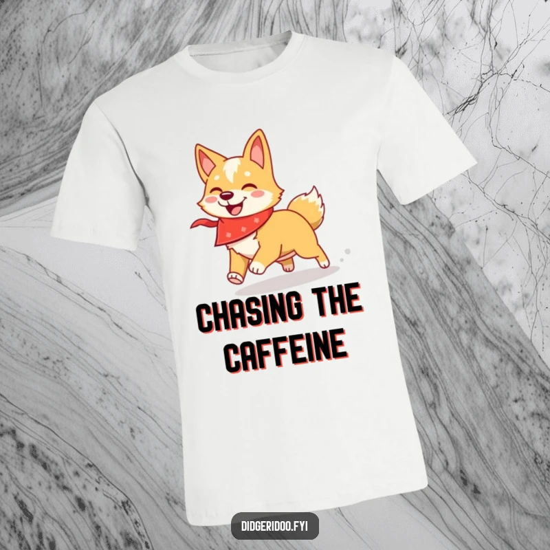 Funny dingo t-shirt featuring a smiling dingo in a bandana, playfully chasing its own shadow with enthusiasm.