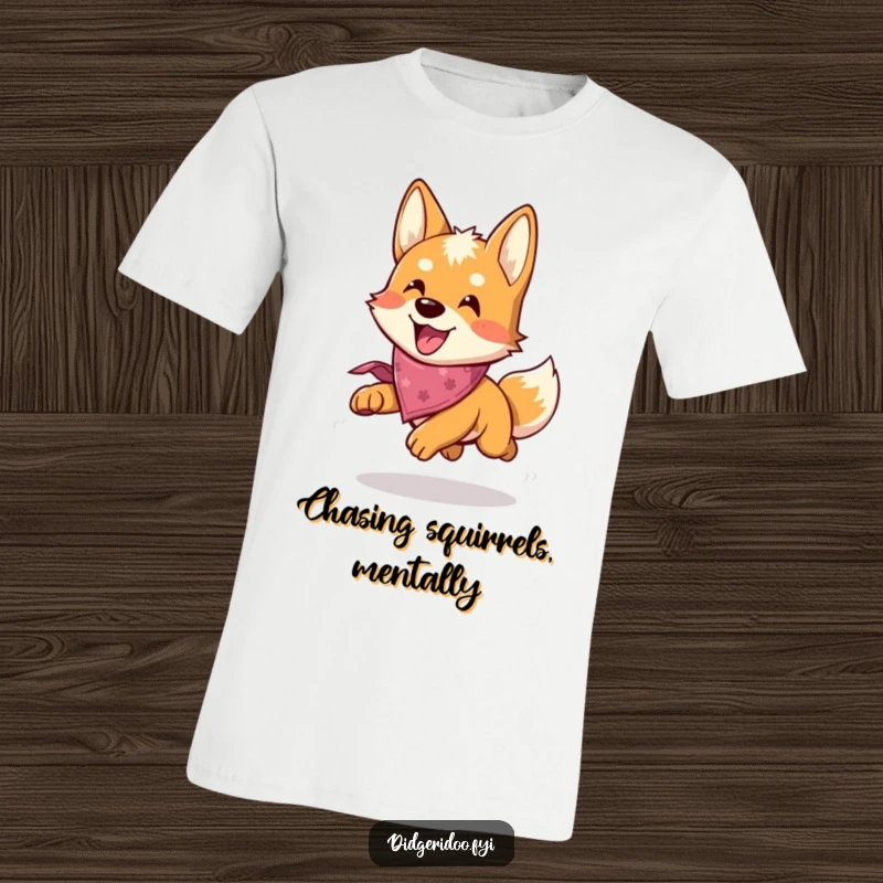 Funny Dingo T-Shirt: A playful dingo with a tiny bandana gleefully chases, showcasing infectious energy and pure happiness.