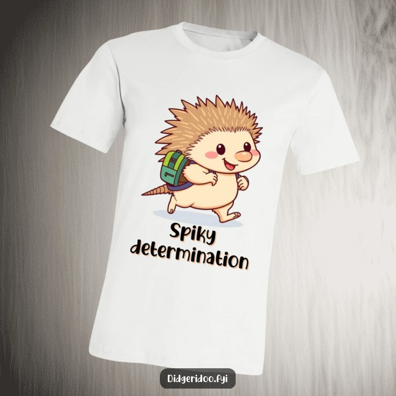Funny Echidna T-Shirt: A happy echidna carrying a backpack waddles with unwavering determination, showcasing a humorous and persistent spirit.