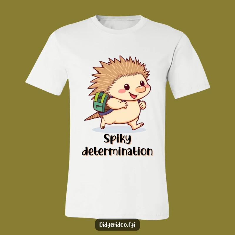 Funny Echidna Determined T-Shirt: Happy echidna with backpack waddling, a cheerful and funny gift.
