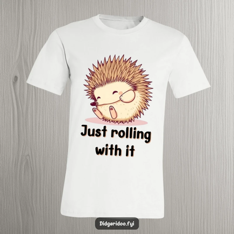 Funny Echidna T-Shirt: a happy echidna rolls playfully into a spiky ball, offering unique Australian humor and undeniable cuteness.