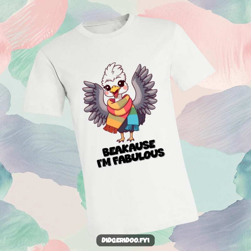 Funny Emu T-Shirt: A delightful emu wearing a bright scarf, flapping its wings with pure joy and excitement. Great funny gift.