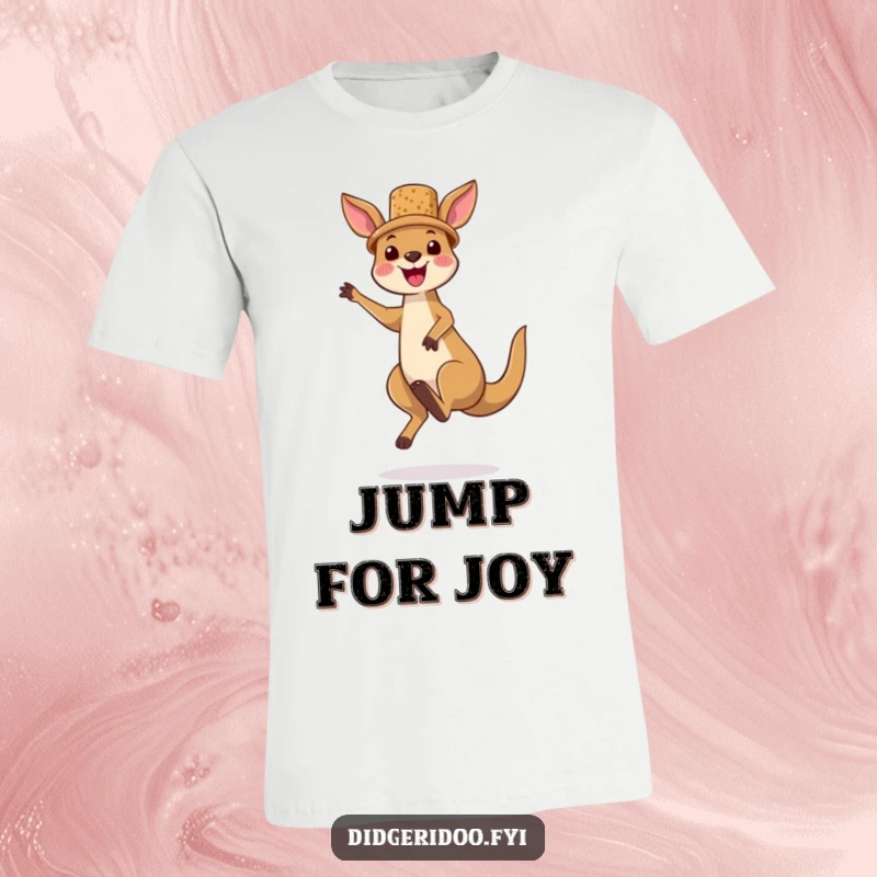 Funny kangaroo character t-shirt, wearing a tiny cork hat and jumping high, showcasing Aussie spirit and energetic, playful fun.