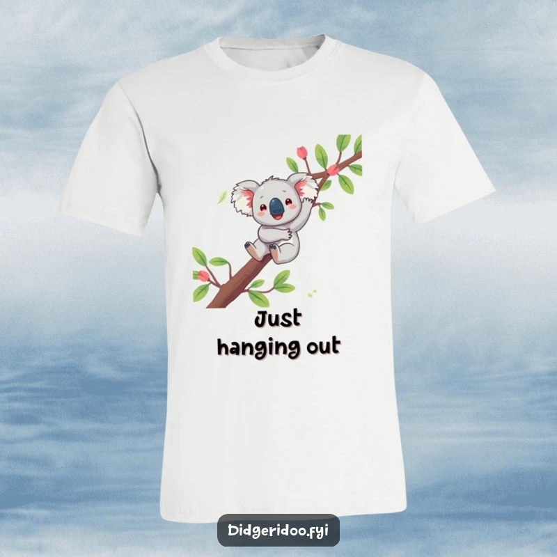 Funny koala t-shirt depicting a playful character happily dangling from a eucalyptus branch, capturing relaxed Australian cuteness.