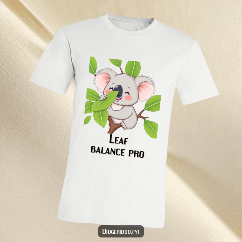 Funny koala character t-shirt, smiling and balancing a eucalyptus leaf on its nose, representing calm, cute, and playful humor.