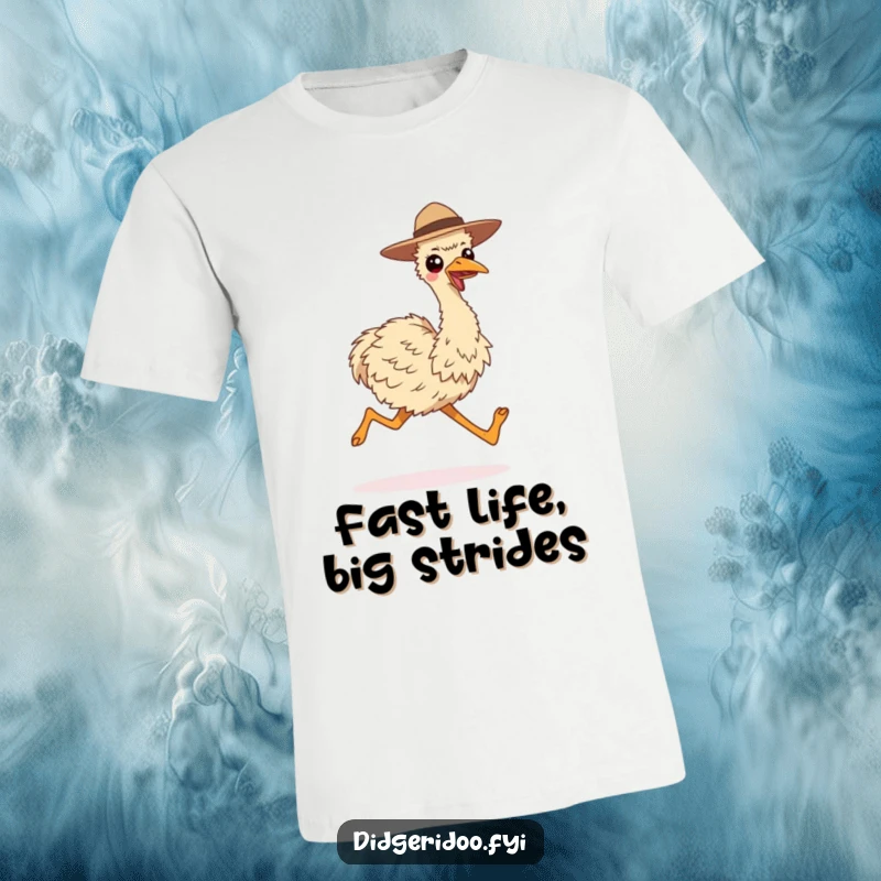 Funny t-shirt showing a smiling emu in a hat, running with long strides, perfect for active individuals and humor enthusiasts.