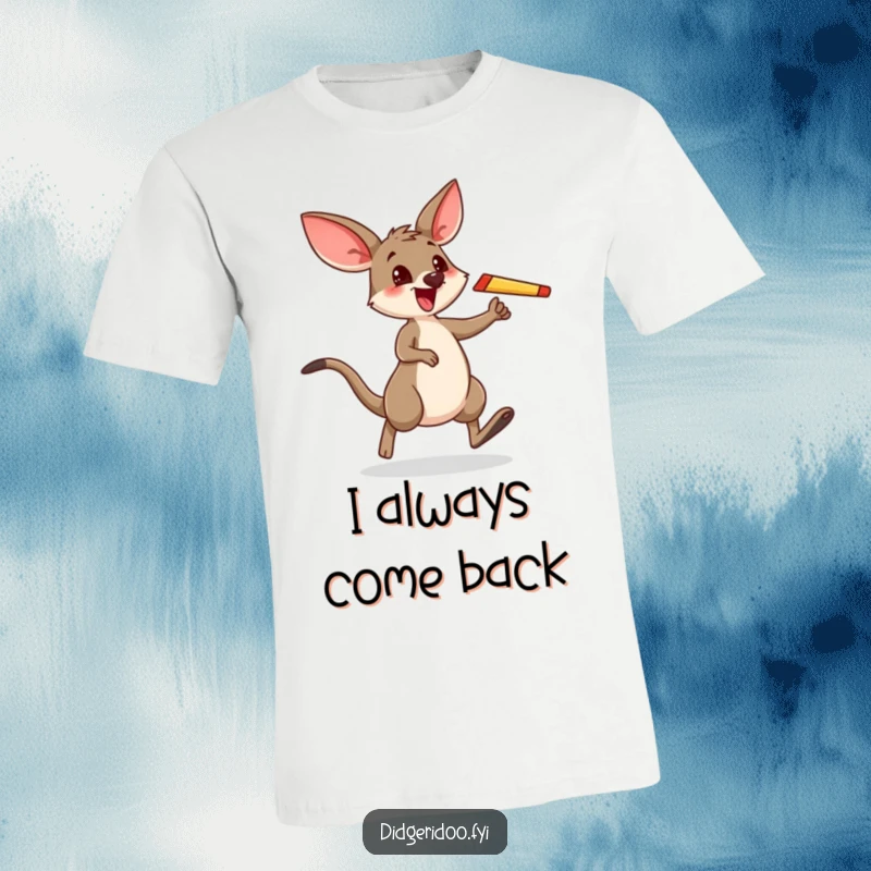 Funny t-shirt showcasing an ecstatic wallaby performing a playful hop, boomerang ready for action, exuding happiness.