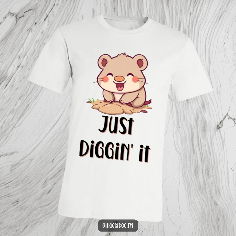 Funny Wombat T-Shirt with a happy grin, digging a small enthusiastic hole, showcasing cute and humorous Outback-themed apparel.