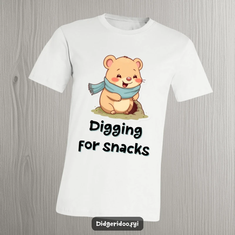 Funny wombat t-shirt featuring a happy wombat in a scarf, busy digging a small hole with a contented smile.
