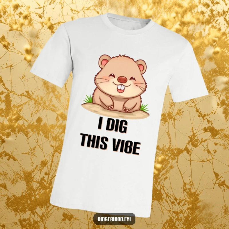 Funny wombat t-shirt featuring a cheerful character joyfully burrowing with a huge, infectious grin, perfect for casual wear and smiles.