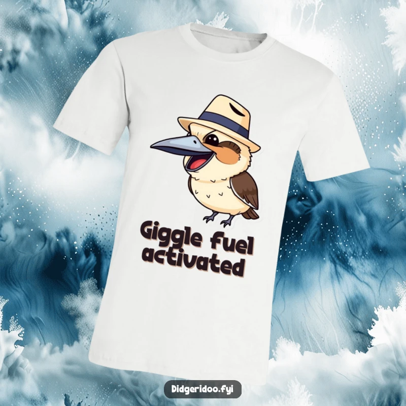 Funny kookaburra in mid-laugh, sporting a tiny Akubra hat, radiating pure, infectious, and humorous joy.