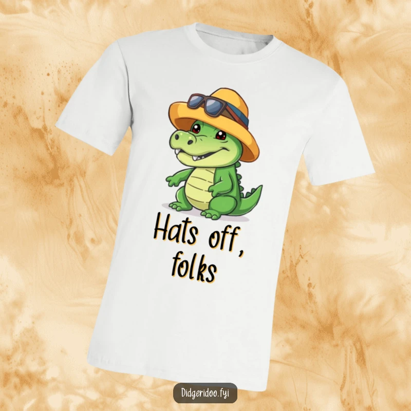 Funny crocodile t-shirt, wearing a cool hat, giving a friendly toothy grin, stylish and humorous apparel.